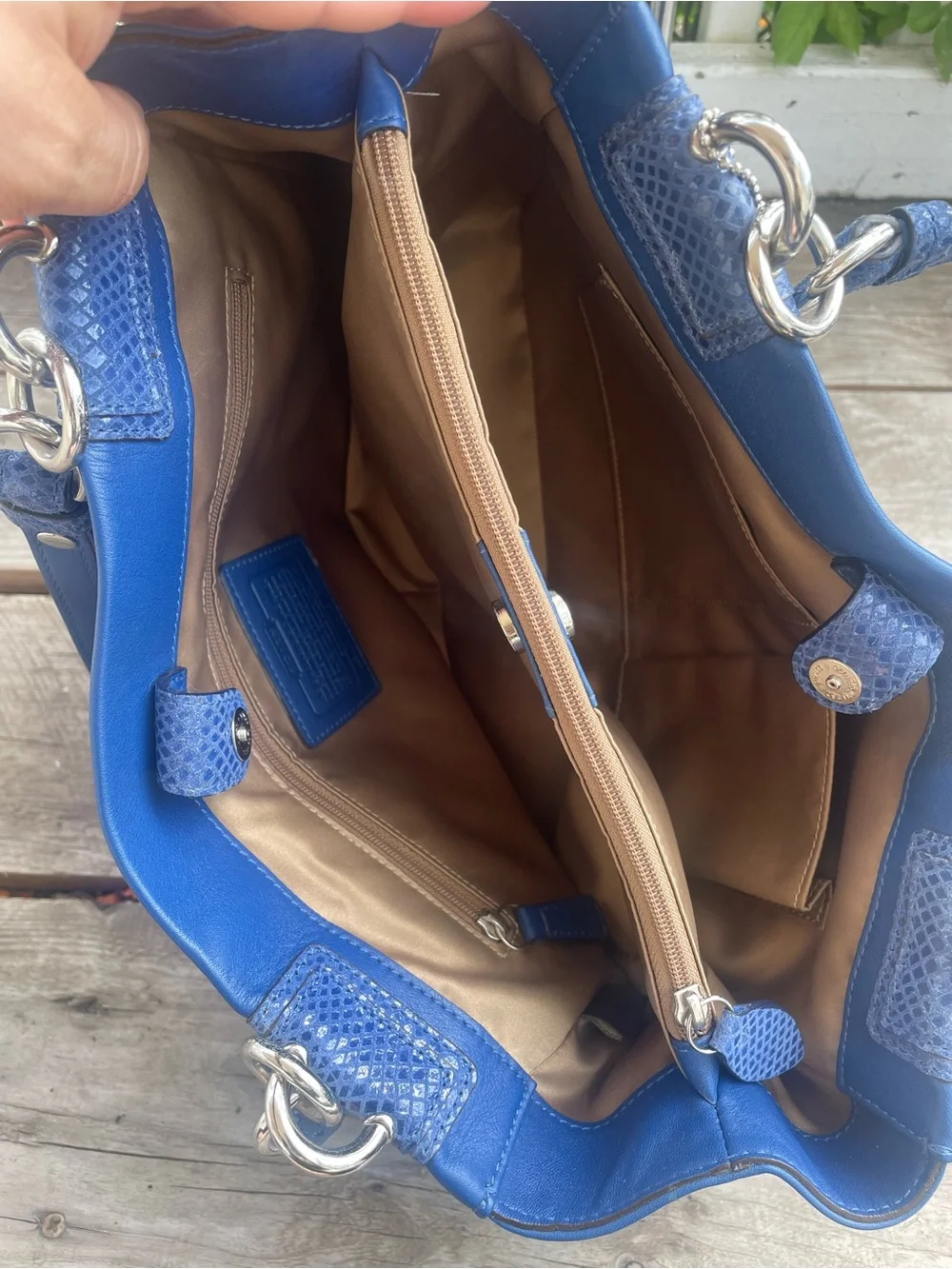 Coach Blue Leather-Trim Shoulder Tote with Turnlock
